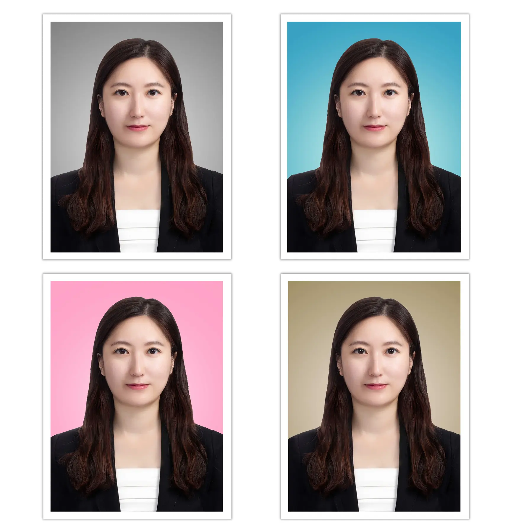 회색, 파란색, 분홍색, 베이지색 배경의 감동사진관 증명사진 4컷 샘플